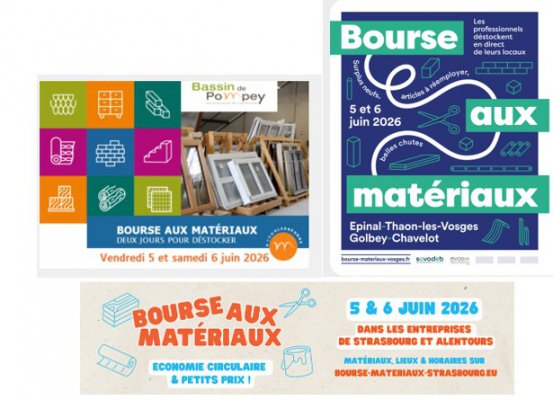 Bourses aux matériaux 5 et 6 juin 2026 sur 3 départements du Grand Est